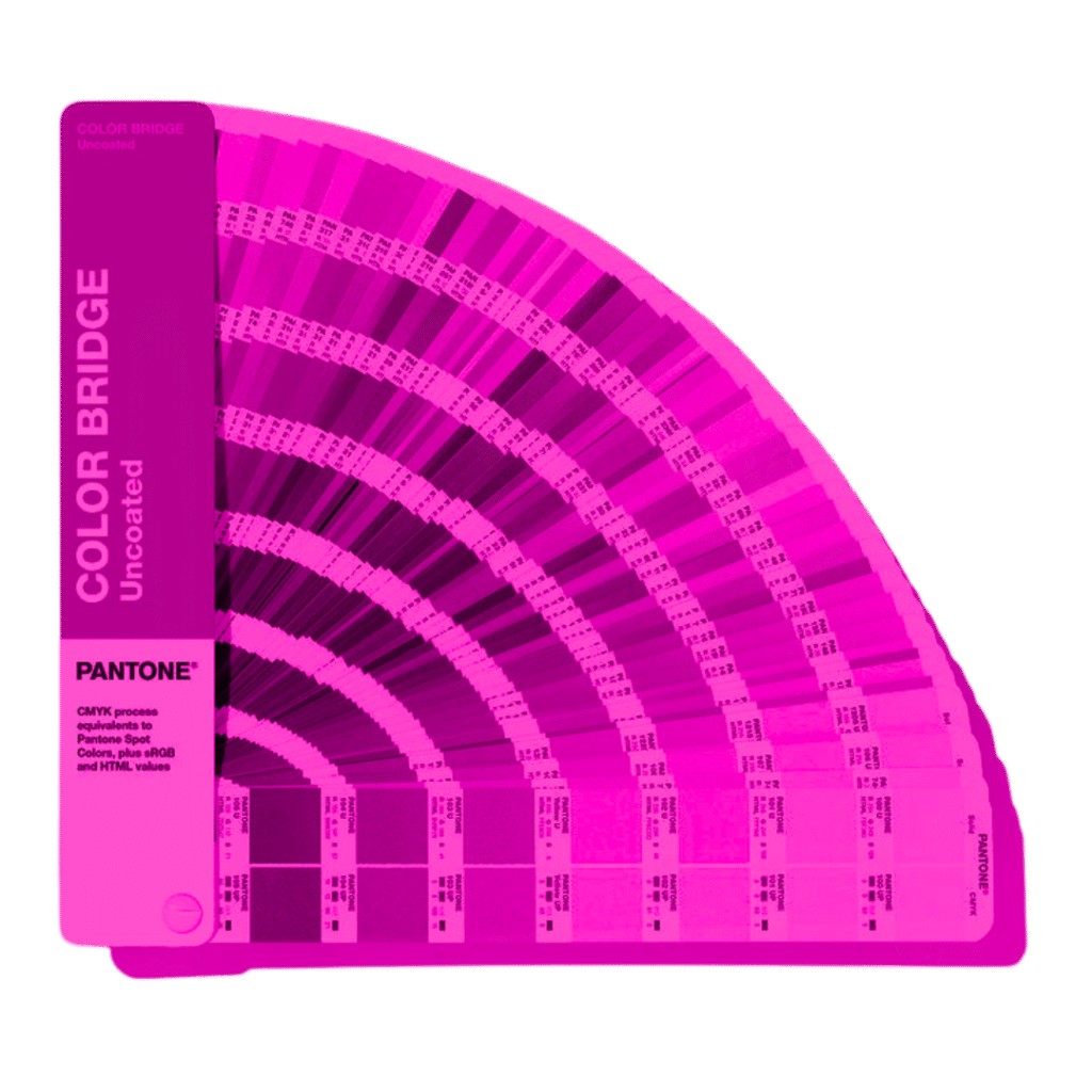 imagem de uma cartela de cores "color bridge Uncoated". a imagem foi colocada toda em tons de rosa.
