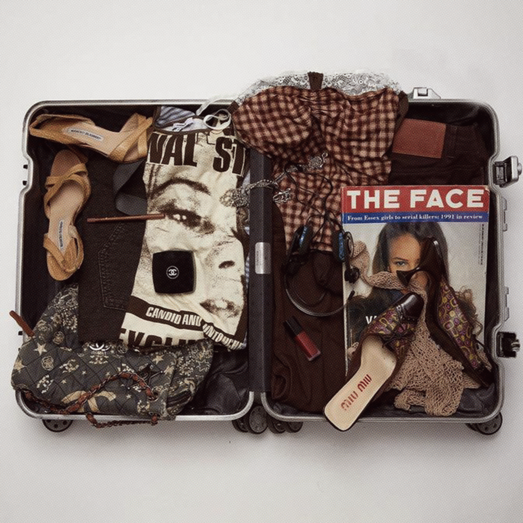 mala de viagem aberta com peças de vestuário, calçados