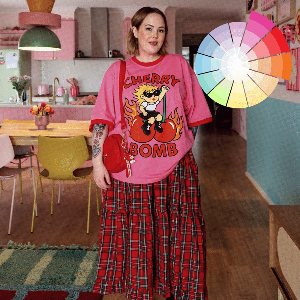 foto de uma pessoa vestida com camisa rosa com estampa e saia com tecido tipo escocesa, tendo ao lado uma cartela de cores.