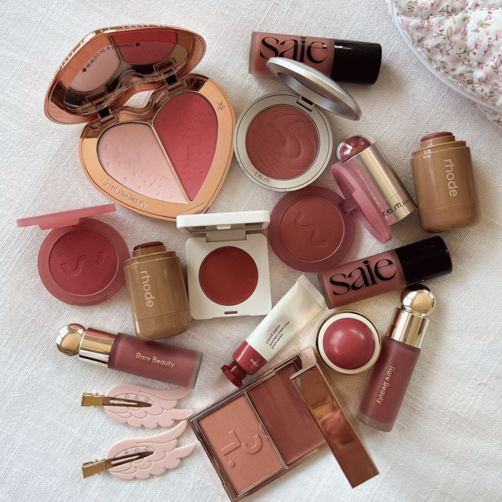 várias itens de maquiagem, batons, cremes, pó para maquiagem.