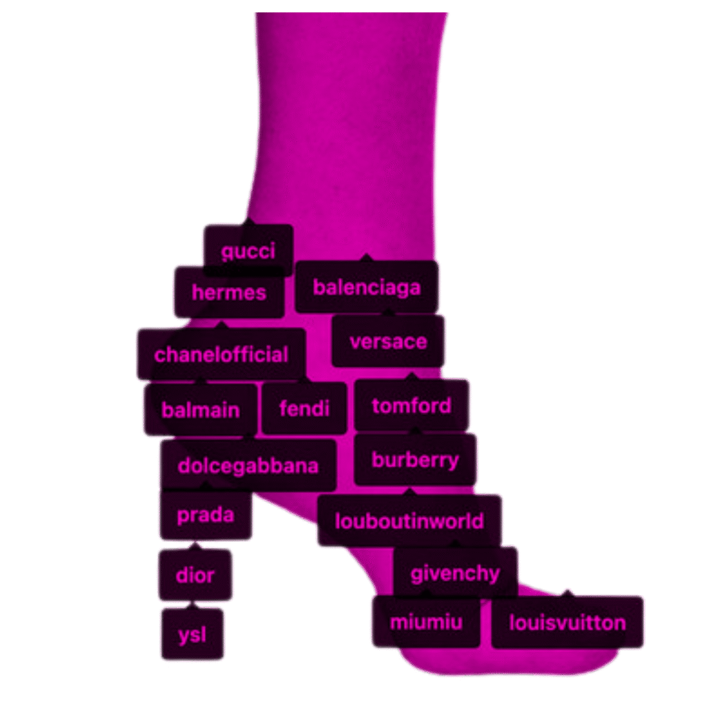 sapato com salto na cor rosa coberto com nomes de marcas famosas